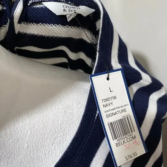 NEW Crown & Ivy Dress Size Large Navy White Stripe Short Sleeve Knit Knee Length - Picture 6 of 11